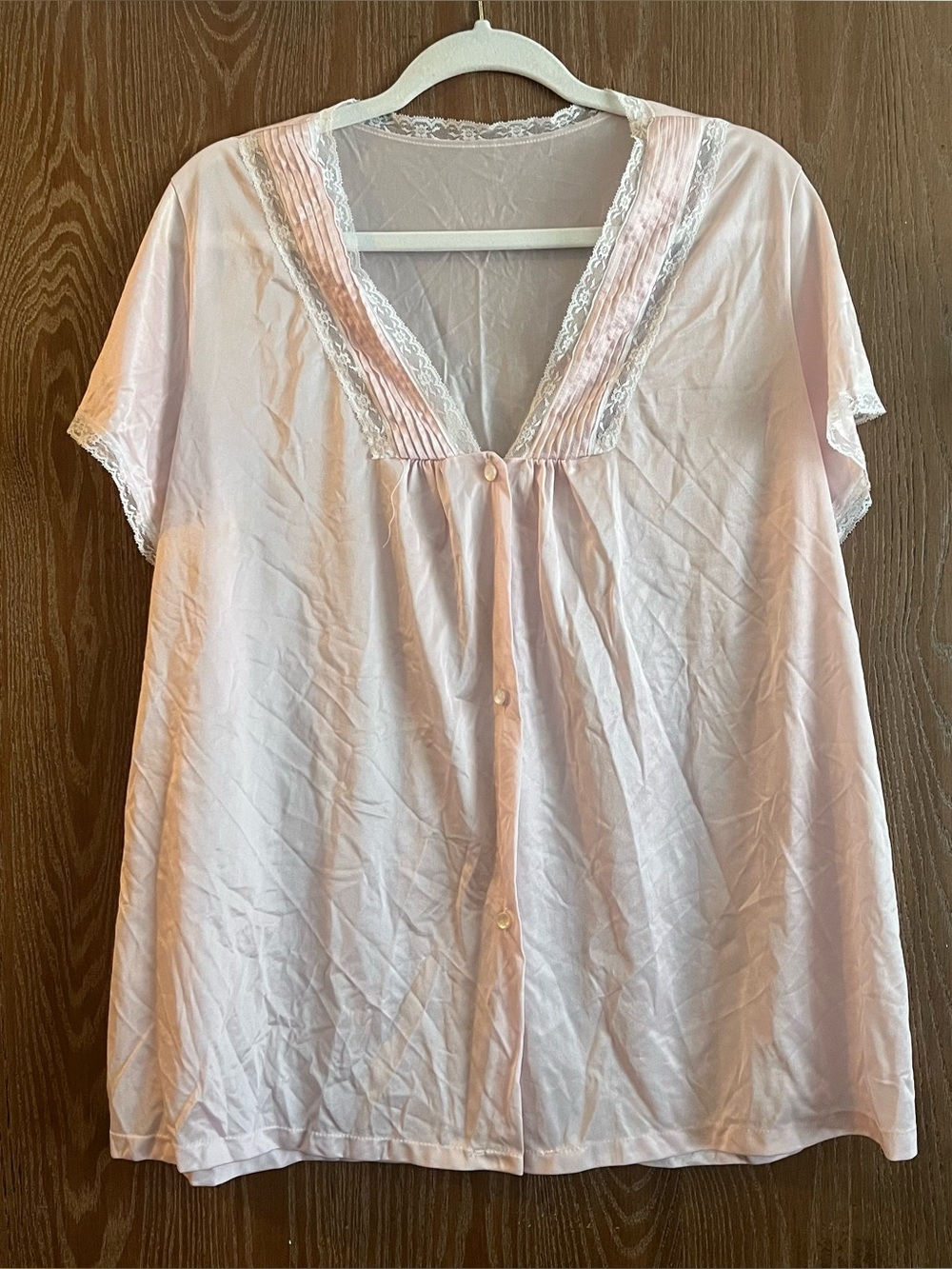 Vintage Sears lace pale pink button up pajama sleep top XL